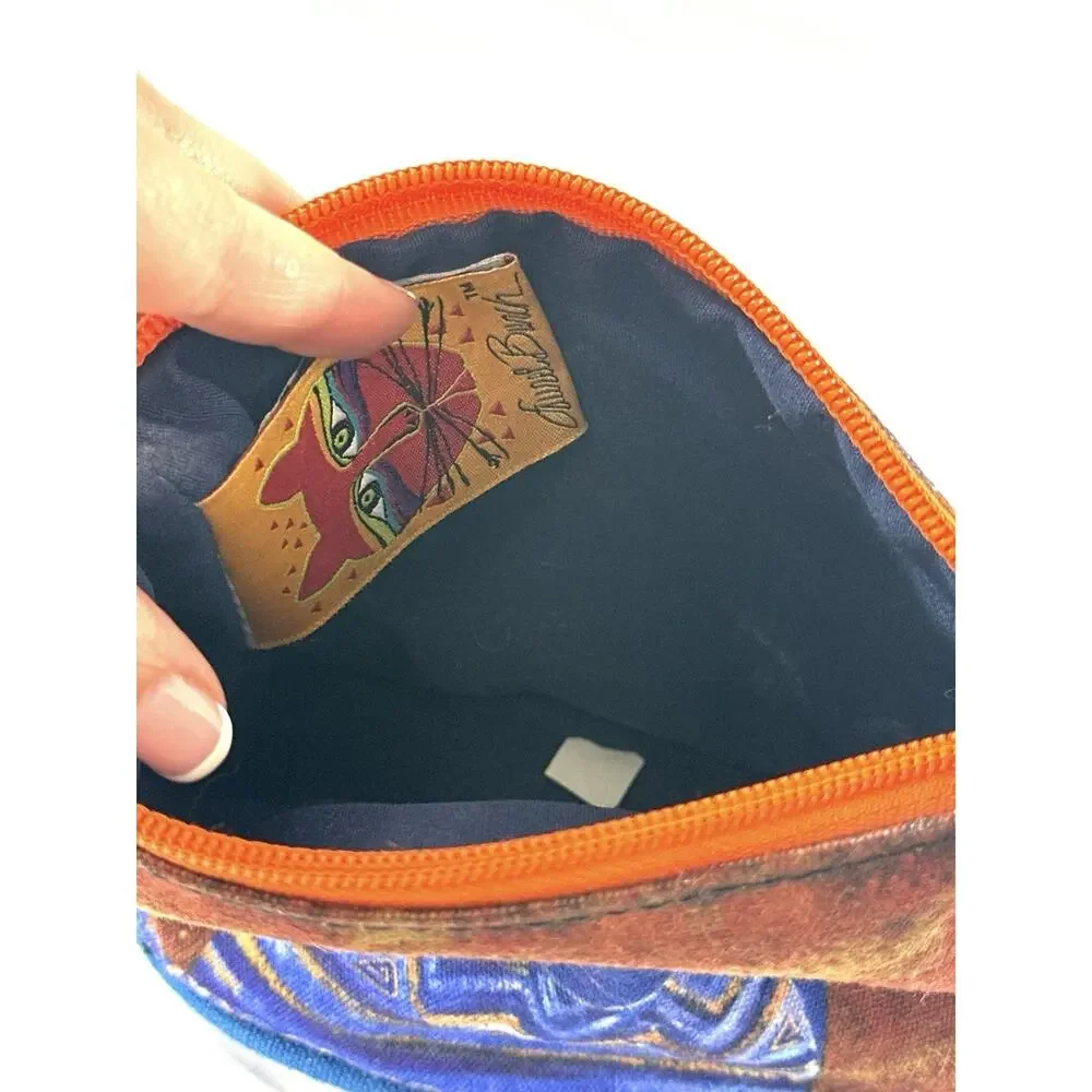 Laurel Burch Blue Cat Cosmetic Bag Zipper Pouch Cotton Canvas Makeup Coin Purse